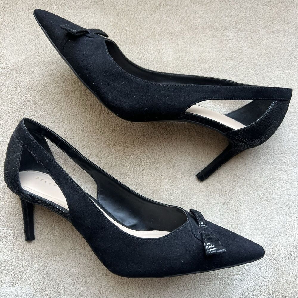 Kelly & Katie Zonya Black Faux Suede Textile Heels Pumps Women US 8.5 EU 39 Bow‎